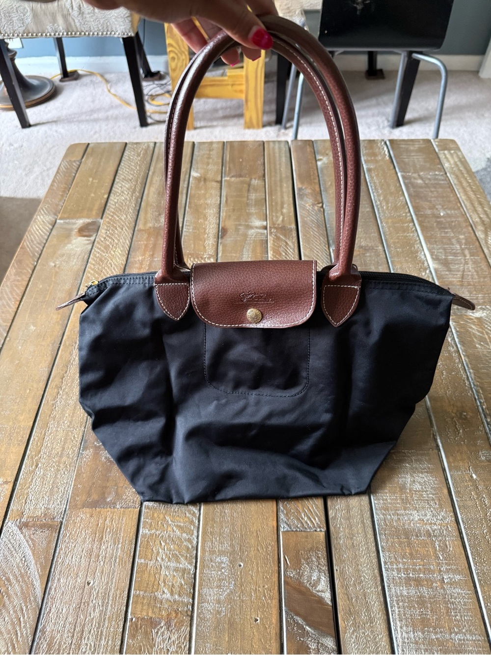 Longchamp Black Nylon Tote with Brown Leather Trim